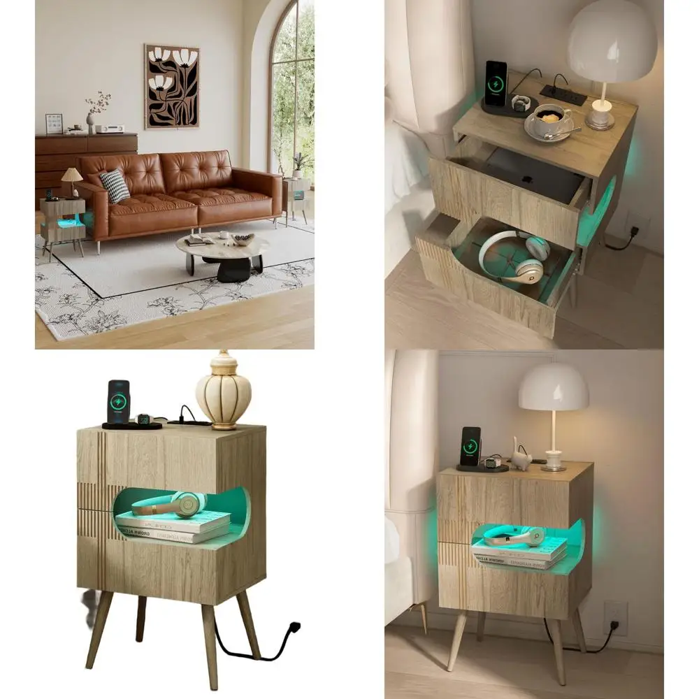 

Современная тумбочка с зарядной станцией, светодиодной подсветкой и двумя ящиками, ножками из массива дерева, белая