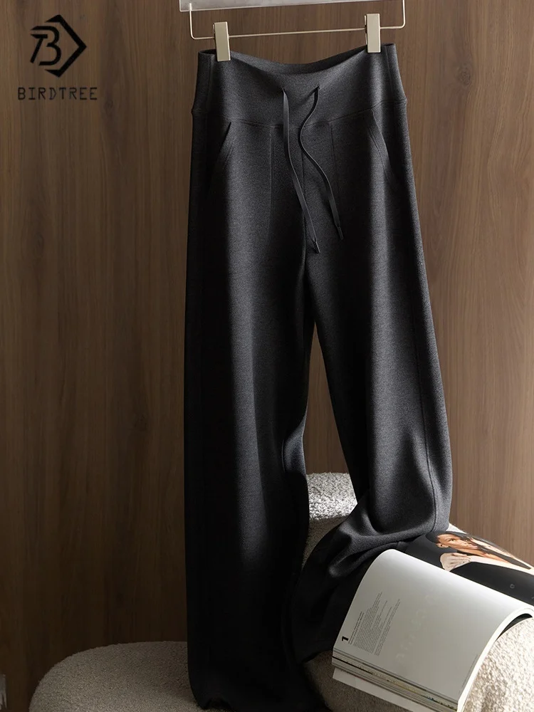 Birdtree voering wolmix flare broek, dameswarmte casual broek, met zakken, elastische taille, herfst winterbroek P5N522JF