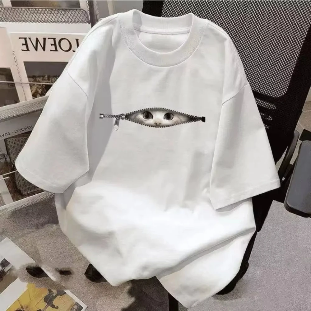 Funny Cat Zipper Graphic T Shirt for Men Women Creative Hidden Cat Printed Tee Tops Loose Casual Short Sleeve Summer Streetwear