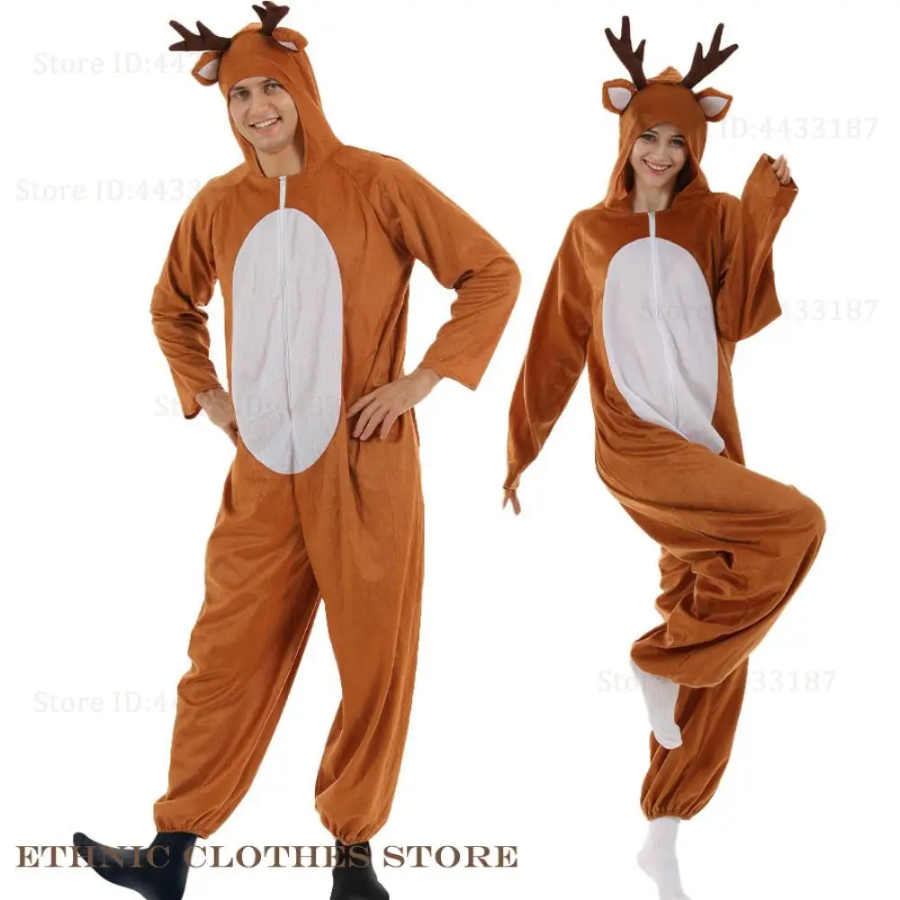 Christmas Reindeer Cosplay Costume Cartoon Kigurumi Jumpsuit Pajama Funny Parent-Child Outfit Onesies Bodysuit Halloween Costume