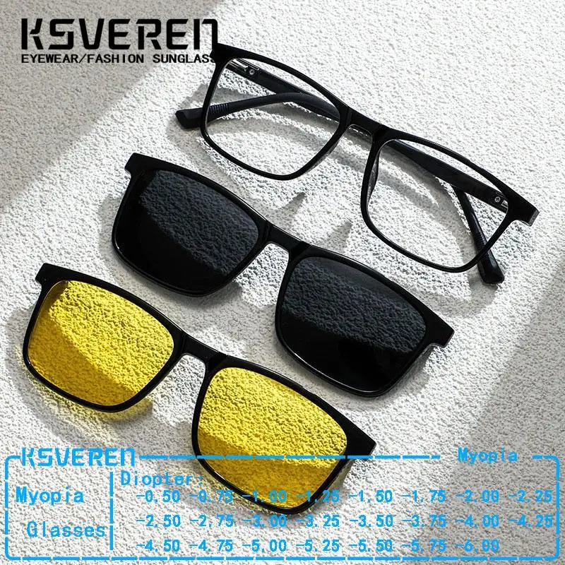 

3 In1 Square Myopia Glasses Men Women Magnetic Clip On Polarized Sunglasses Night Vision Glasses Prescription Optical Eyewear