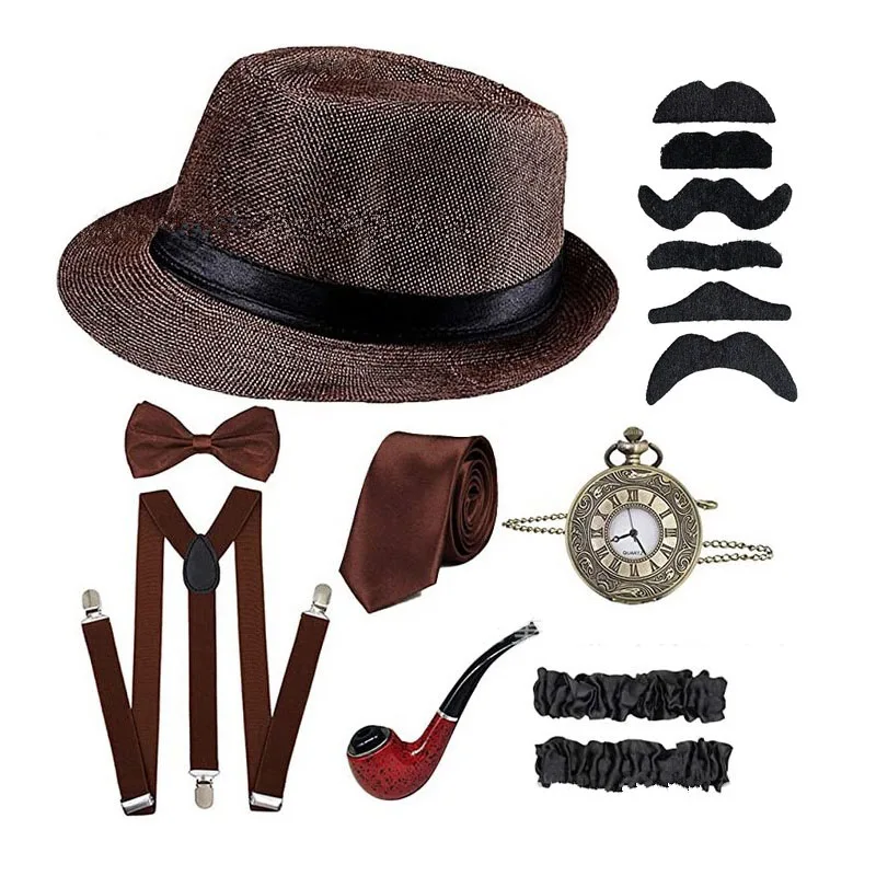 8 Pairs Men's Cap Ball Party Top Hat Pipe Pocket Watch Strap Tie Suit Modern detective Magic