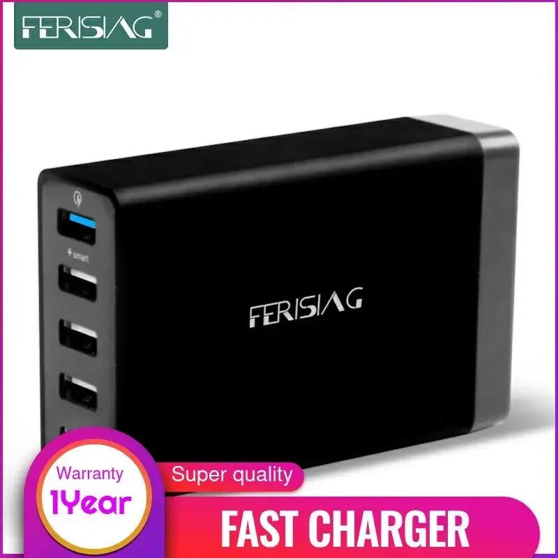 

FERISING Quick Charge 2.0 40W 5 Port USB Desktop Mobile Charger QC2.0 Wall Charging EU US Plug for iPhone 16 15 Samsung Xiaomi