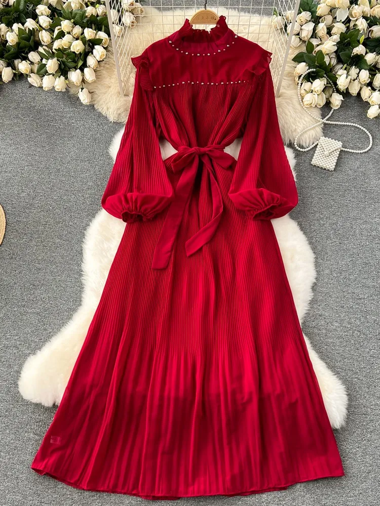 

New Fashion Long Party Dress Women Vintage Chiffon Red Whiter Loose Dress Female Holiday Embroidered Flares Dresses Lady Vestido