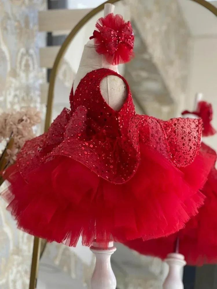 Luxurious Red Baby Girls Dresses Layers Tulle Tiered Infant Girls Birthday Party Gown Christmas New Year Dress Gift 1-11Years