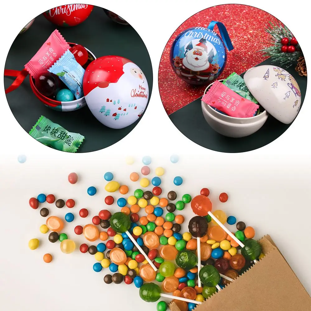 Creative Christmas Candy Box Tin Round Ball Shaped for Kids Gift Packaging Box DIY Xmas Tree Hanging Decoration Party Supplies