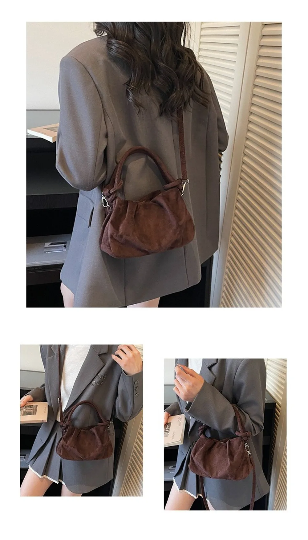 Retro-Stil Wildleder Umhängetasche mit Magnetverschluss Weicher Griff Schultertasche Faltenoptik Modische Handtasche für Damen – Detail 5