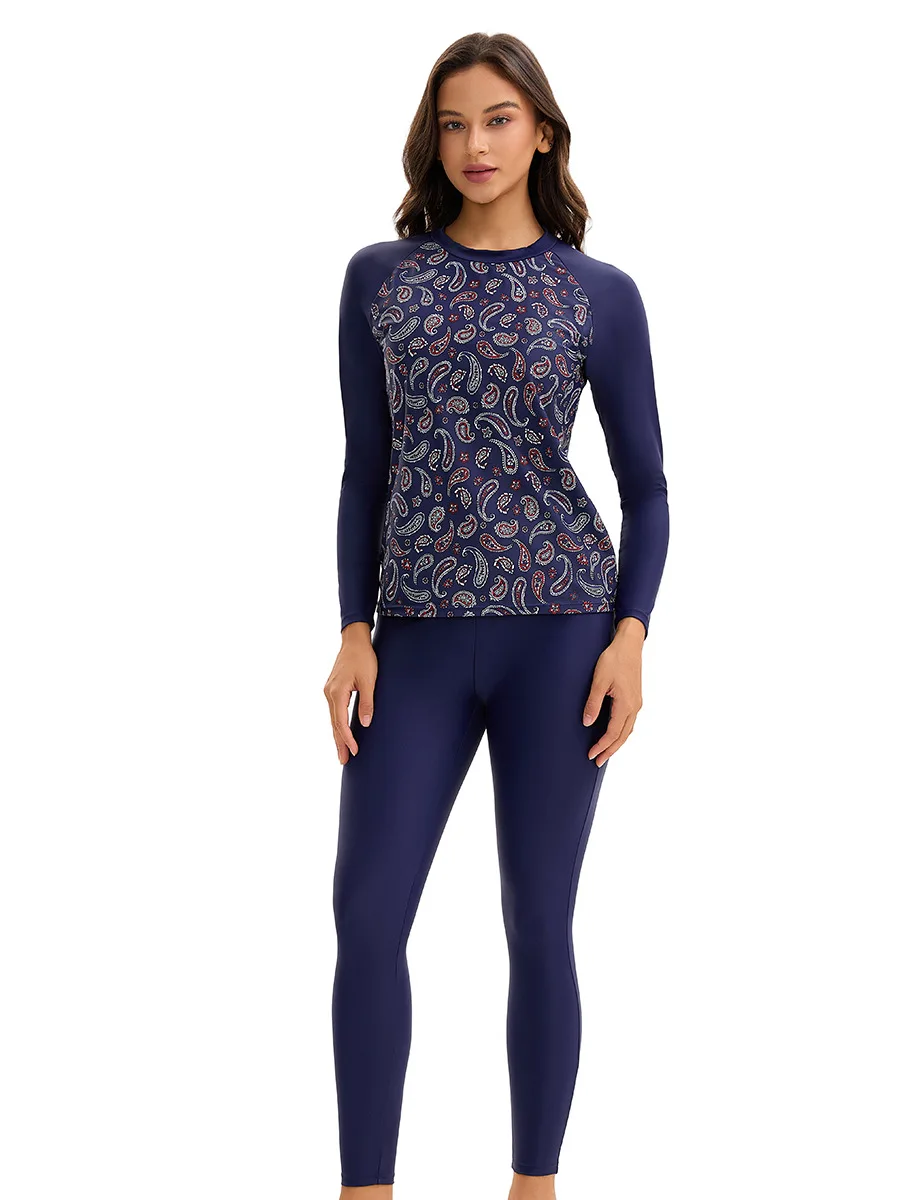 Islamic Style Women’s Modest Swimwear – Printed 3-Piece Long Sleeve Rash Guard Set with Pants and Low-Waist Bikini