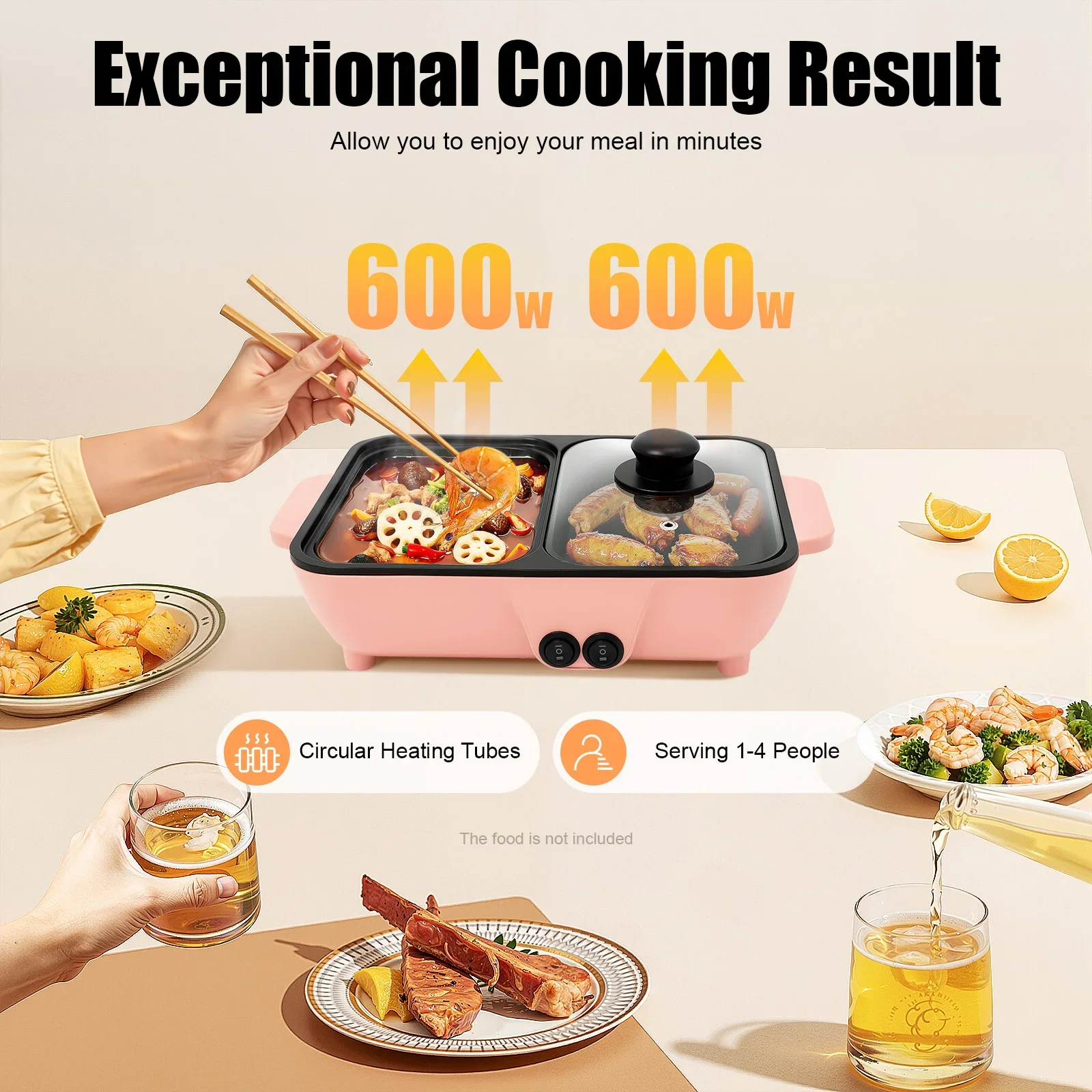 

2-In-1 Electric Hot Pot with Grill, 1l Portable Non-Stick Pan - Dual Temperature Control, Smokeless Indoor Cooking