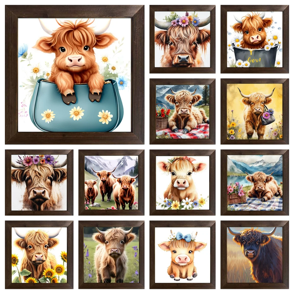 عناصر بقرة لطيفة عالية ومنخفضة على طراز الرسم الزيتي المطبوع الأمريكي، مناسبة لجمع وتزيين المحلات التجارية والغرف #1