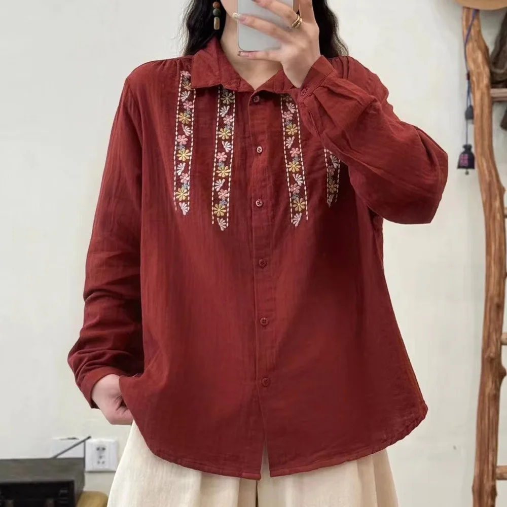 Bust 122cm large size tops cotton yarn flower embroidery shirts long sleeve blouse women autumn wine red pink white coffee shirt