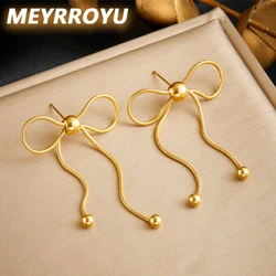 MEYRROYU 316L Stainless Steel Golden Bow Knot Drawstring Design Earrings For Womens Fashion 2024 New Ear Jewelry Lady Gift Party