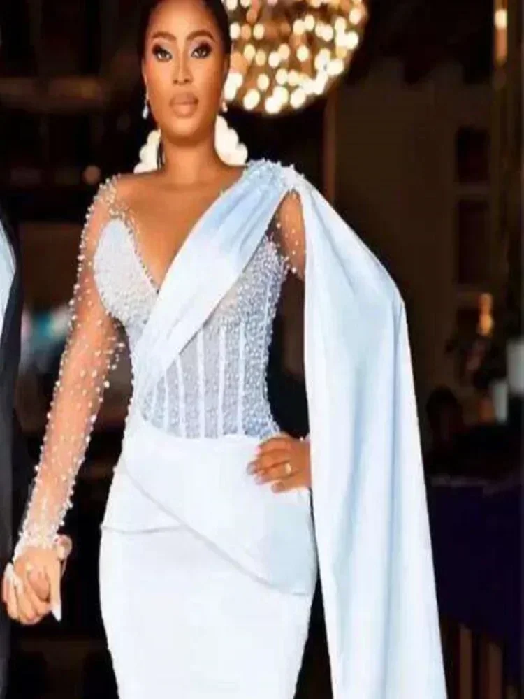 Customized  Handwork Pearls Mermaid Wedding Dress With Fly Away Robe De Mariée Ankle Length Illusion Long Sleeves Bridal Gowns