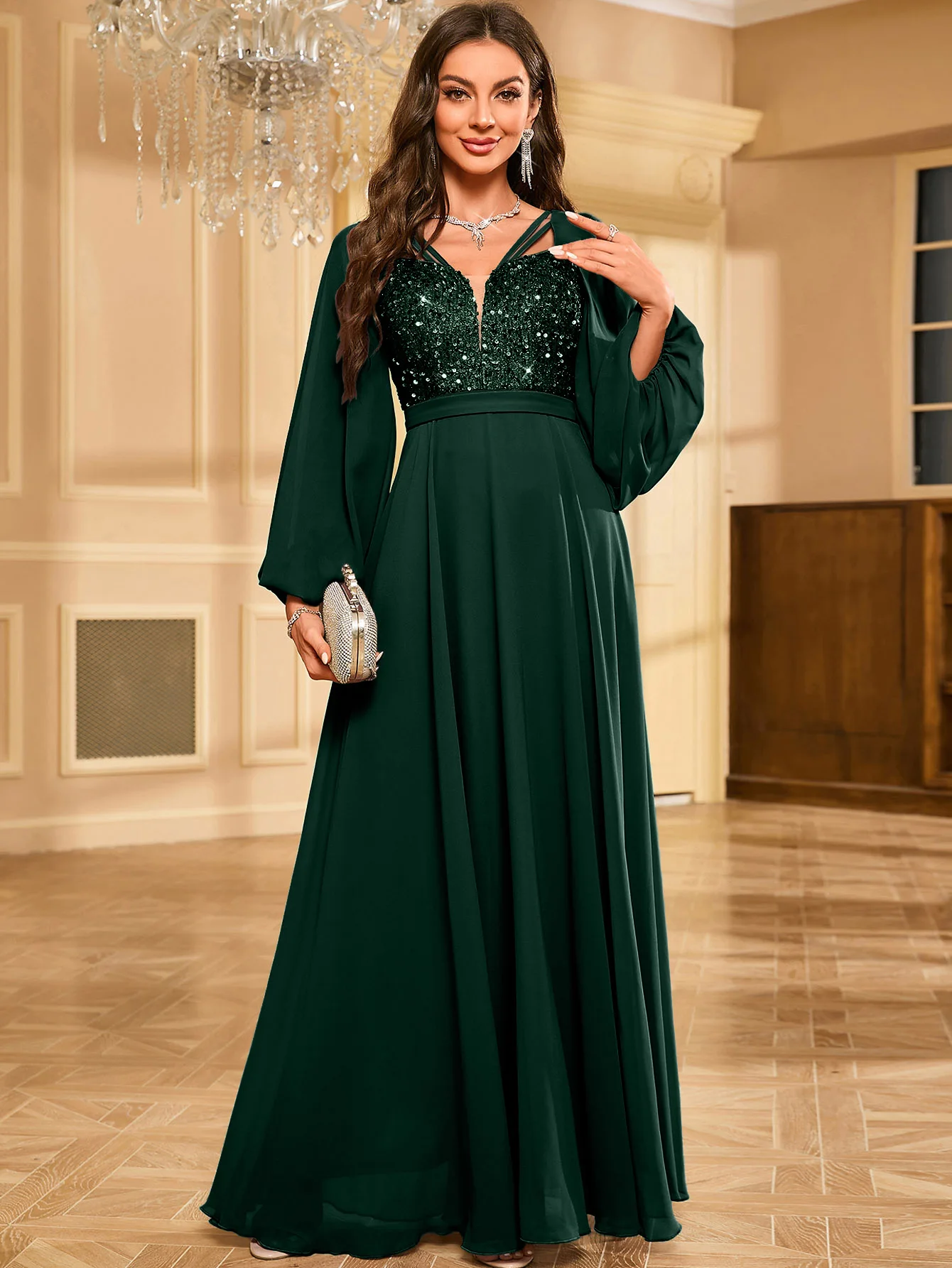 

UNITHORSE Women's Glitter Patchwork Lantern Sleeve Elegant Party Dress Wedding Guest Dress Formal Dress Evening Dress