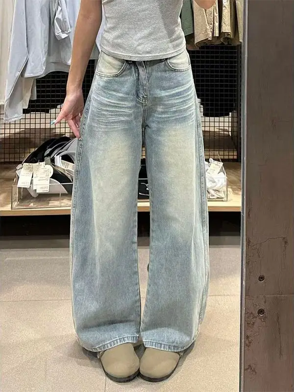 American Design Slimming High Waist Wide Leg Embroidered Pocket Denim Jeans Women's Spring Summer New Style Loose Fit Jeans