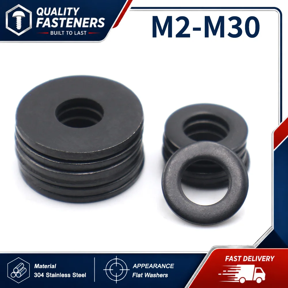 Black 304 Stainless Steel Round Flat Washers Metal Screw Gasket Fasteners M2 M2.5 M3 M4 M5 M6 M8 M10 M12 M14 M16 M18 M20 M22-M30