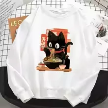 Black Lamian Noodles Cat Japanese Anime Style Design Printed Men's Hoodie Brushed Sweatshirt Crew Neck Pullover Casual Wear