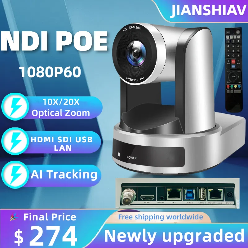 

1080P NDI Conference PTZ Video Camera 10x 20xZoom Ai Auto Tracking Camera PTZ SDI HDMI USB Outputs Support POE for Youtube Vimix