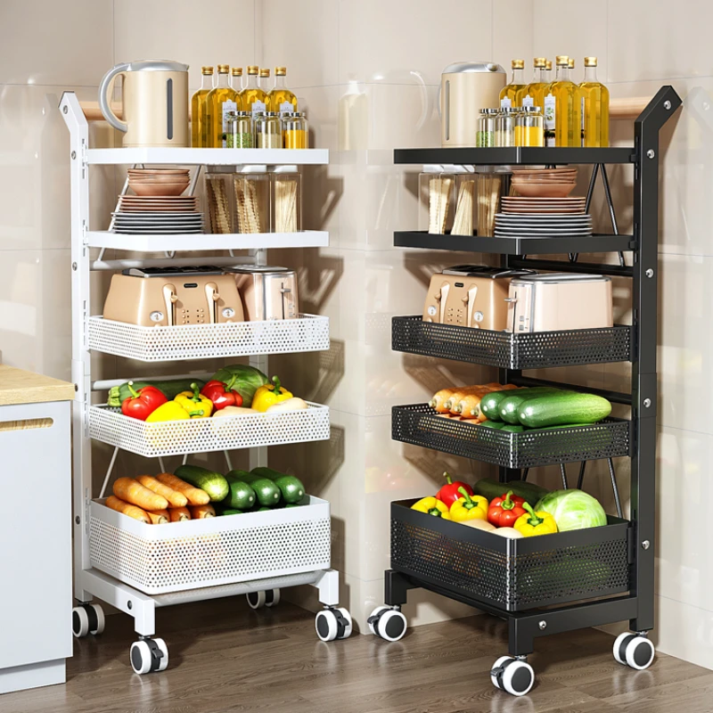 

Carbon Steel Baking Paint Kitchen Cart Multilayer Vegetable Basket with Height Adjustment Spices Rack Bedside Snack Shelves