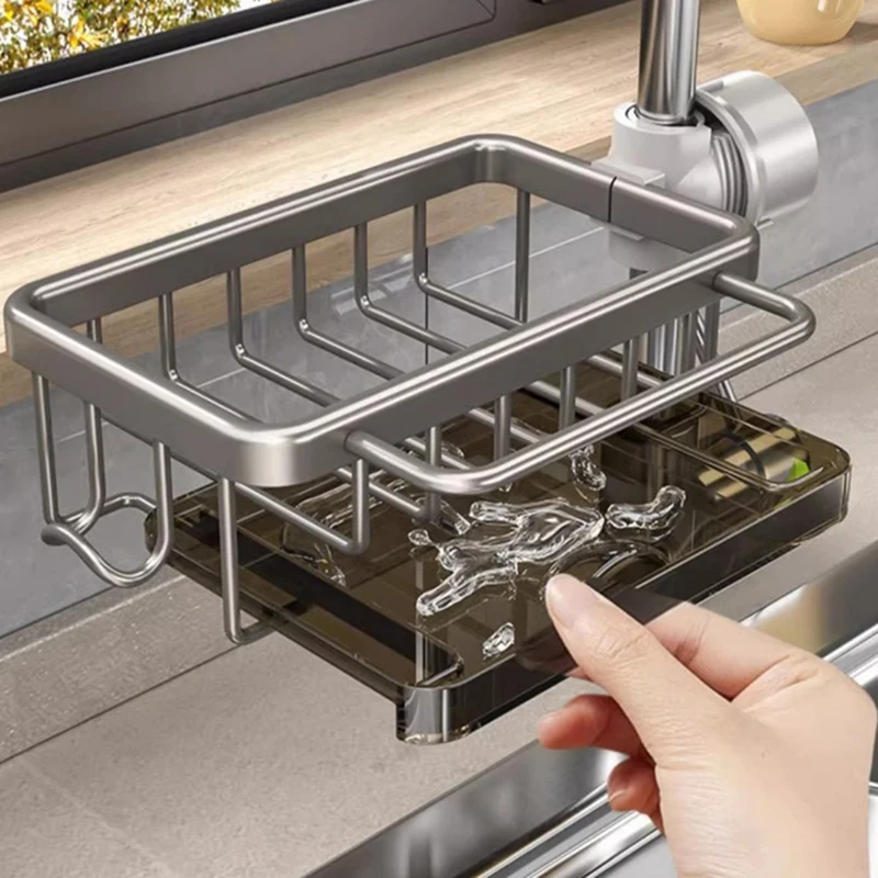 Soporte de esponja sobre el grifo, organizador de fregadero de cocina, estante de drenaje colgante desmontable de aluminio espacial con gancho, Plata duradera