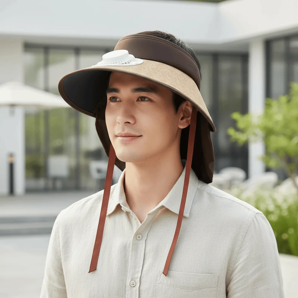 Portable Rechargeable Fan Hat Long-lasting Breathable Fishing Sun Shading Cap with Neck Shawl Versatile Wide Brim Fan Hat