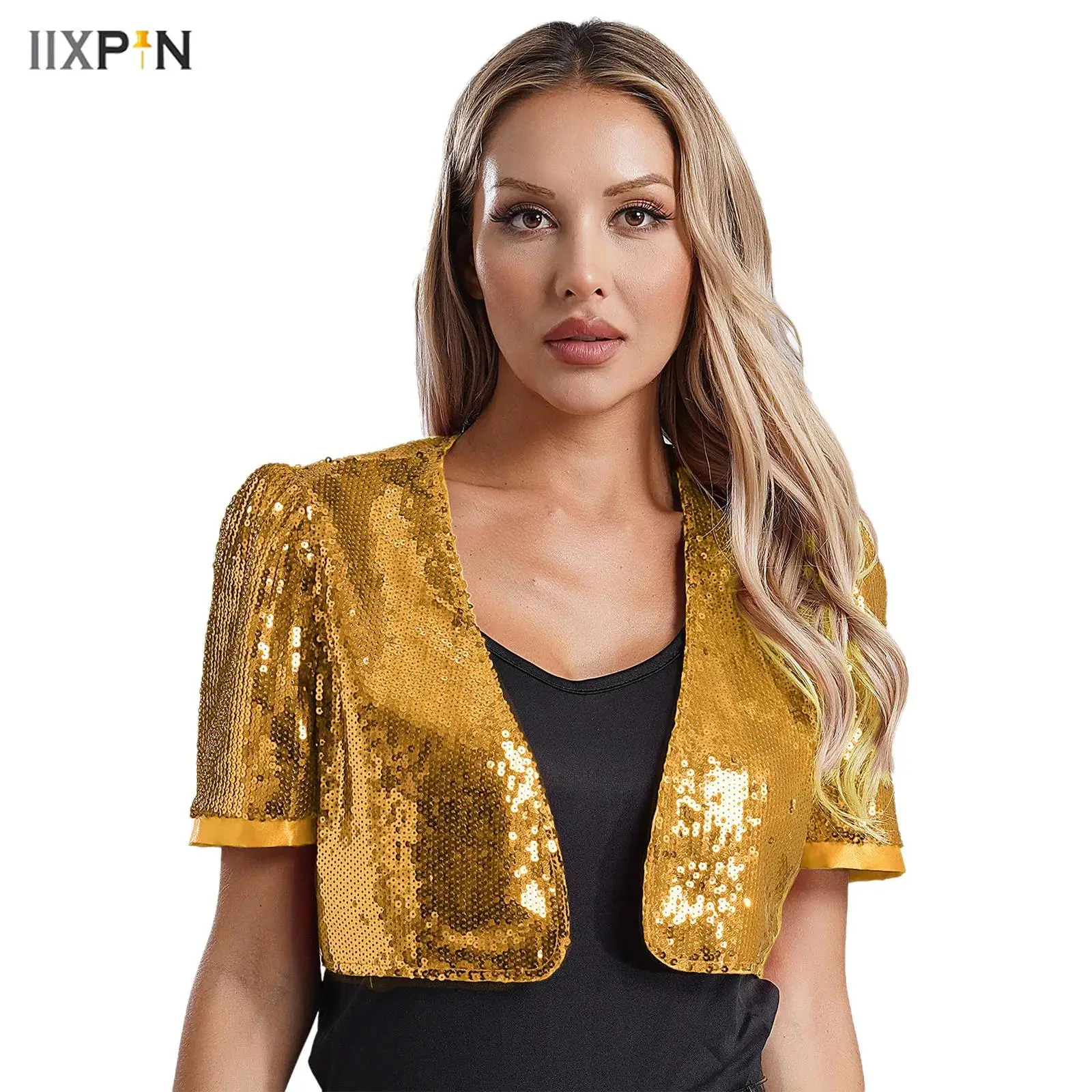 

Womens Glitter Sequins Cropped Top Jacket Outerwear Short Sleeve Open Front Fully Lining Cardigan Crop Jacket Party Clubwear