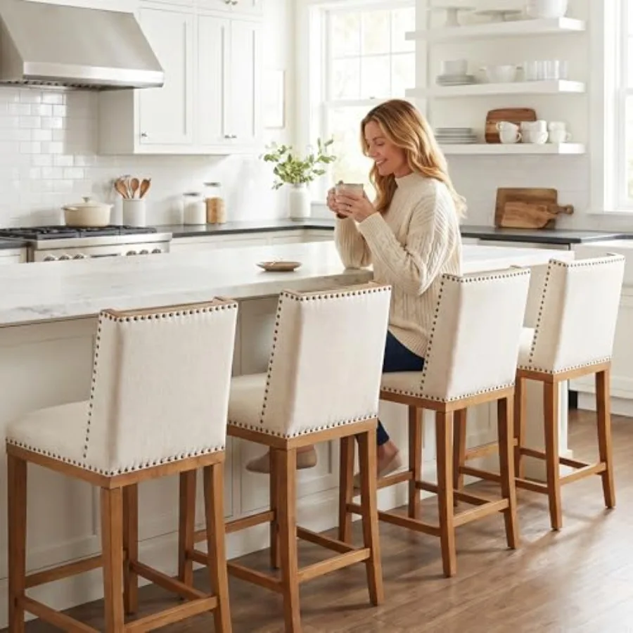 

Retro Counter Height Bar Stools Set of 4 with Solid Wood Frame for Kitchen Island, Mid Century Linen Fabric Upholstered Bar Cha