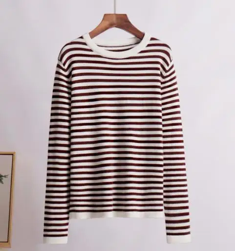 

Женский свитер, осень 202, новый модный вязаный полосатый свитер с круглым вырезом и контрастной нитью, свободный и удобный винтажный свитер