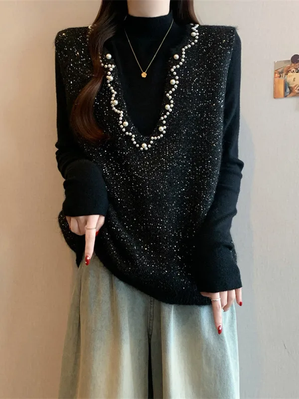 Elegant Grey Beaded V-Neck Knitted Vest Women's Fashion Fleece Inner Wear Pearl Decorated Oversized U-Neck Regular Length