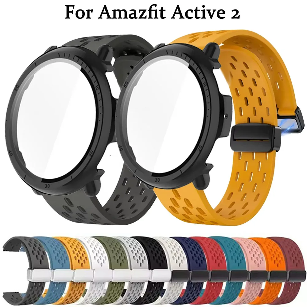 Silikonarmband + Glasgehäuse für Amazfit Active 2, magnetische Schnalle für Amazfit Active 2 Uhr, Hartschalen-Displayschutzfolie