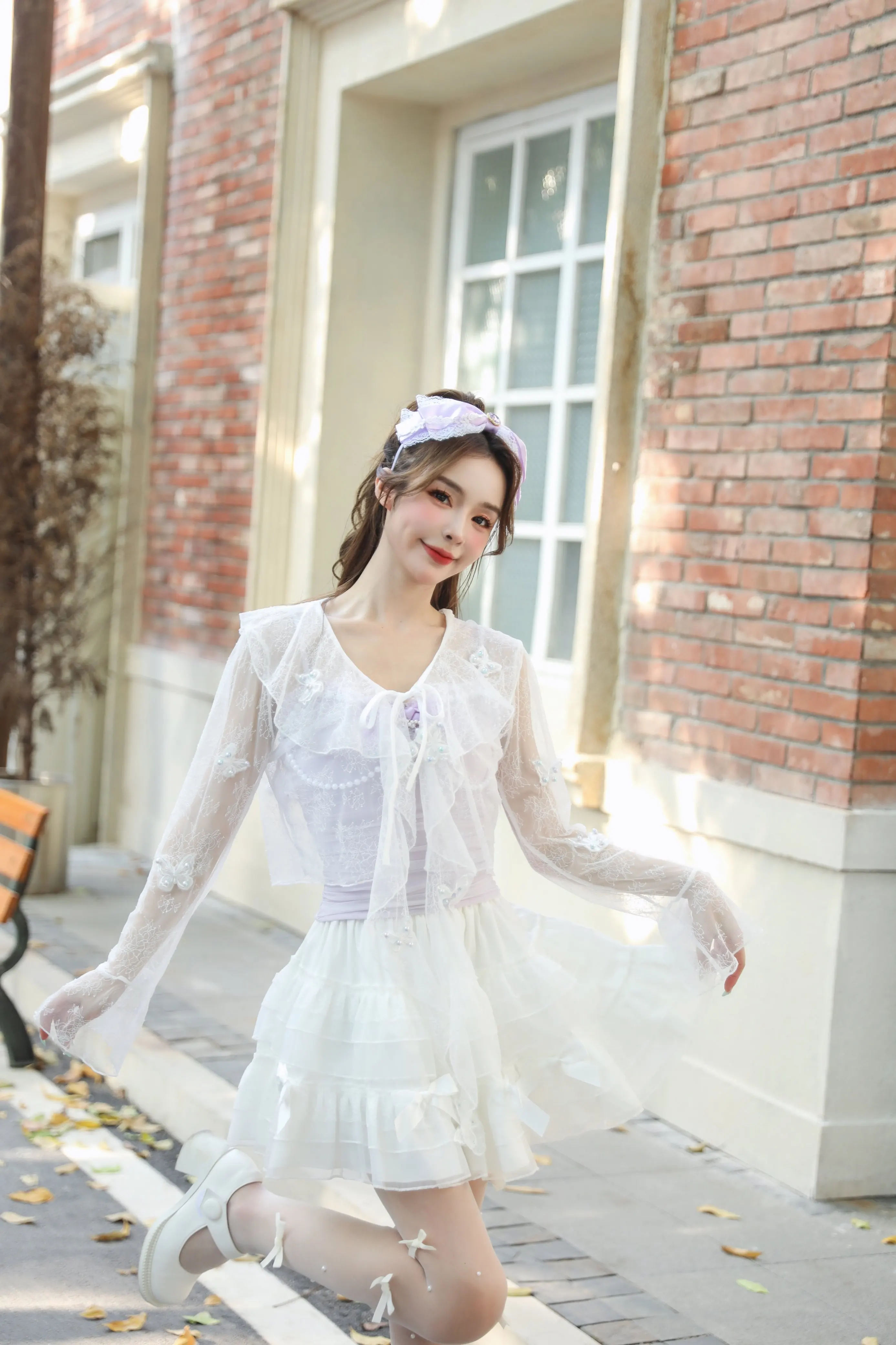 Dophee Dream Princess Pearl Butterfly Embroidery Hollow Out Loose Cardigans Sunscreen Coat Flare Long Sleeve Lace Shirts