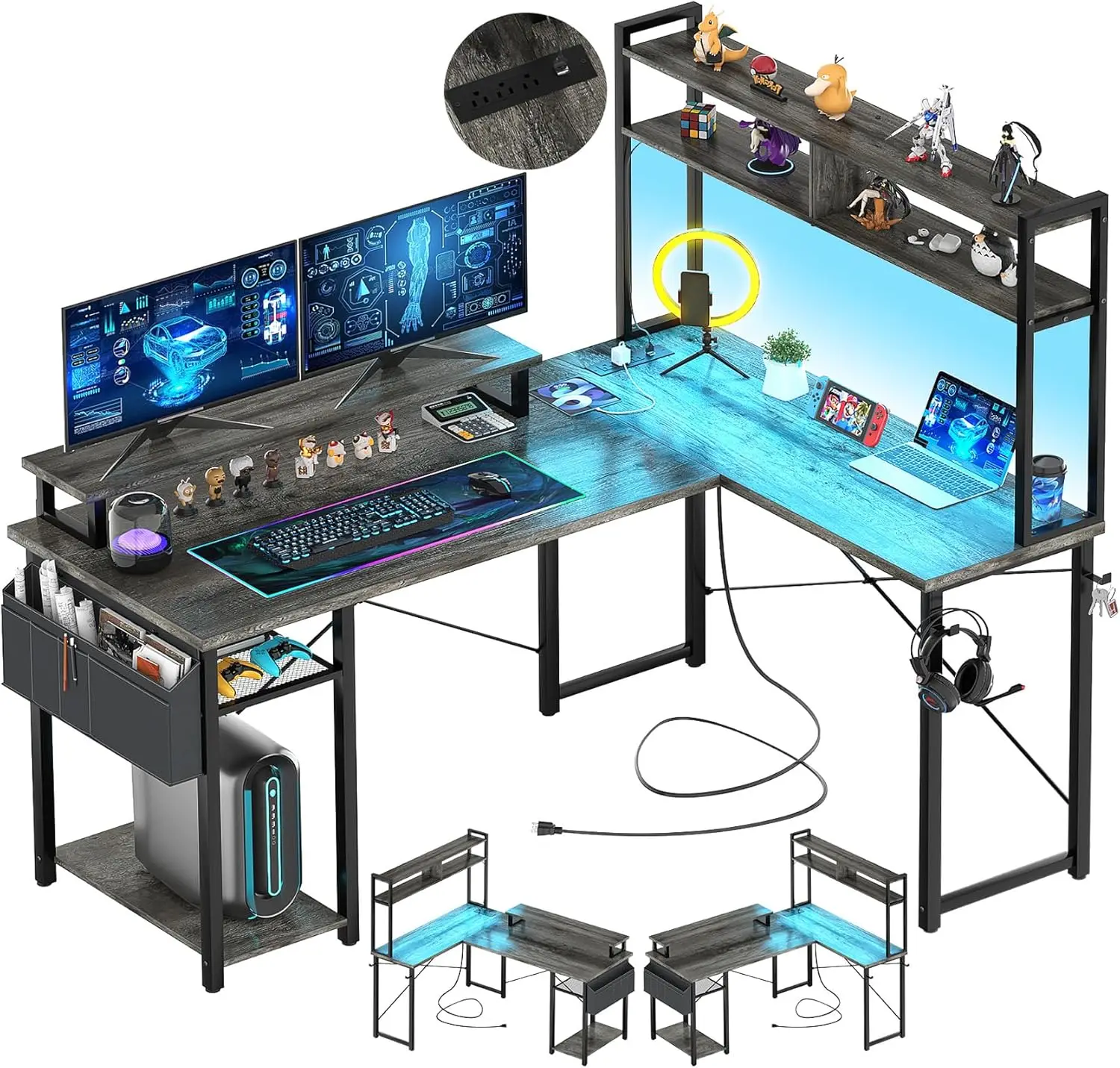 

Small L Shaped Gaming Desk With Led Lights & Power Outlets, Reversible L-Shaped Computer Desk With Monitor Stand & Storage