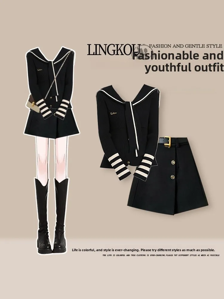 

Anti-Aging Autumn Set Women's Korean Style Navy Collar Knitted Sweater And Short Skirt Two-Piece Set Casual Fashion for Adults