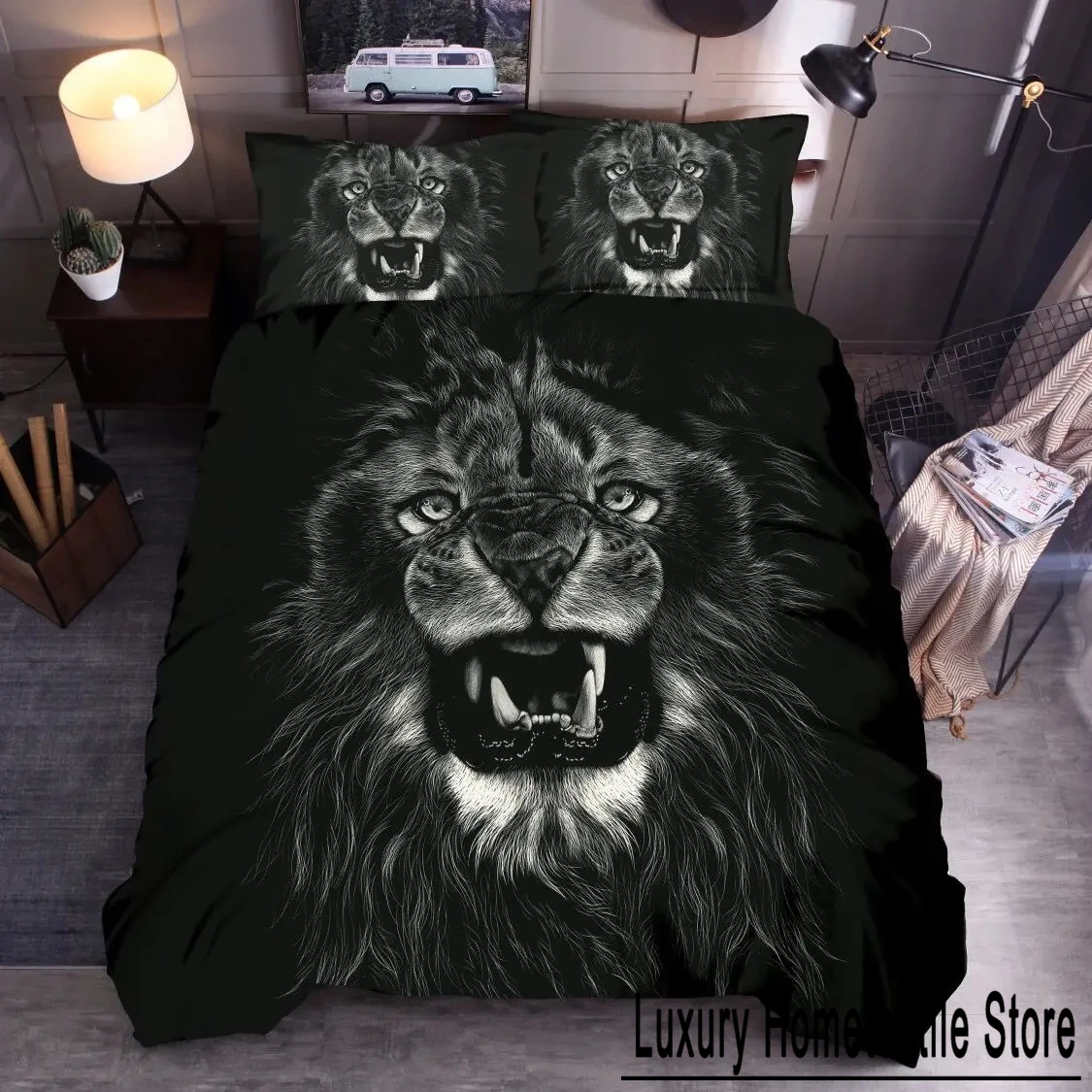 Animal Polyester Duvet Cover Set King Queen Twin Full Size Wild Animals Wolf Lion Fox Tiger 3D Print for Boys Bedding Set