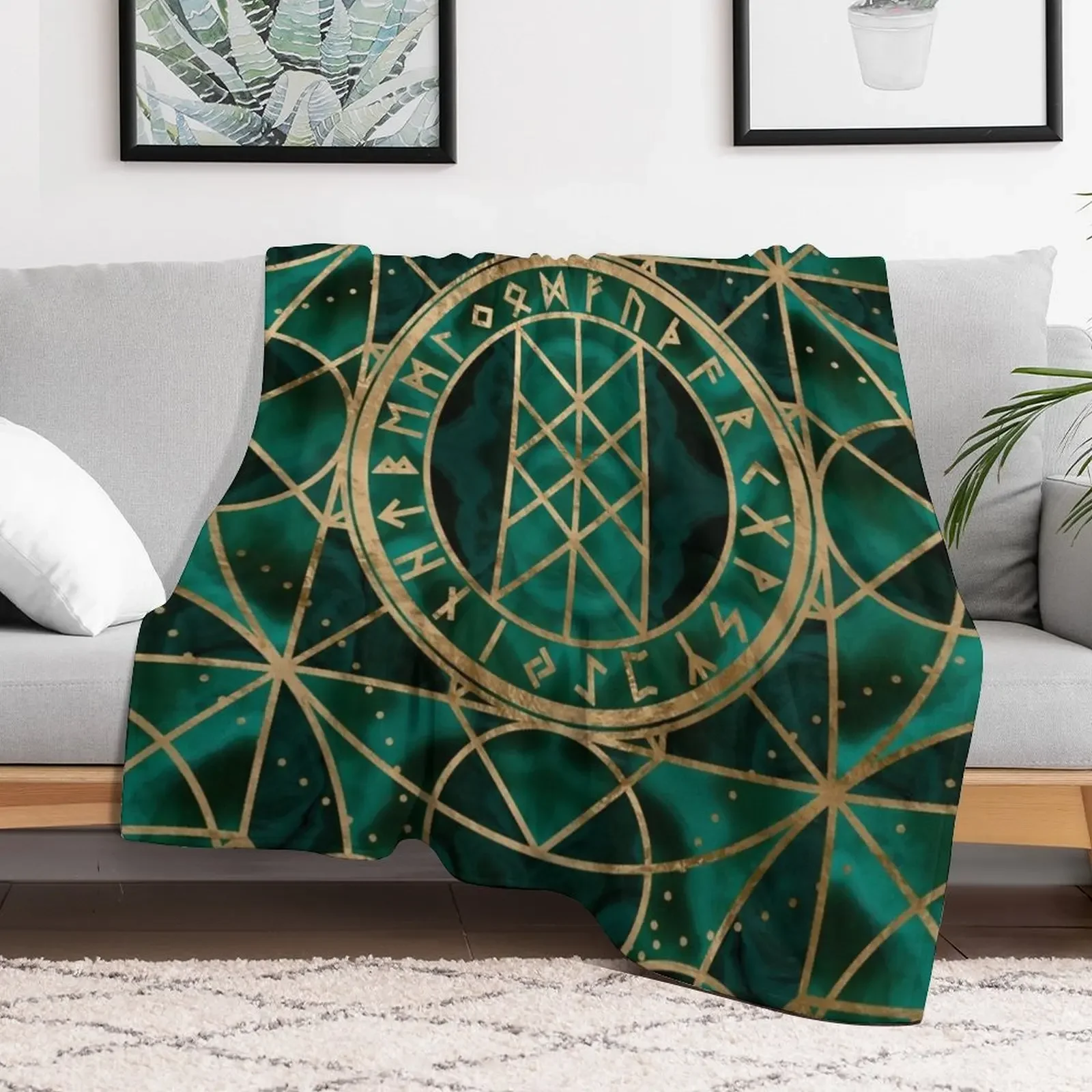 Web of Wyrd The Matrix of Fate - Gold and Malachite Throw Blanket Single Large Thermals For Travel Blankets