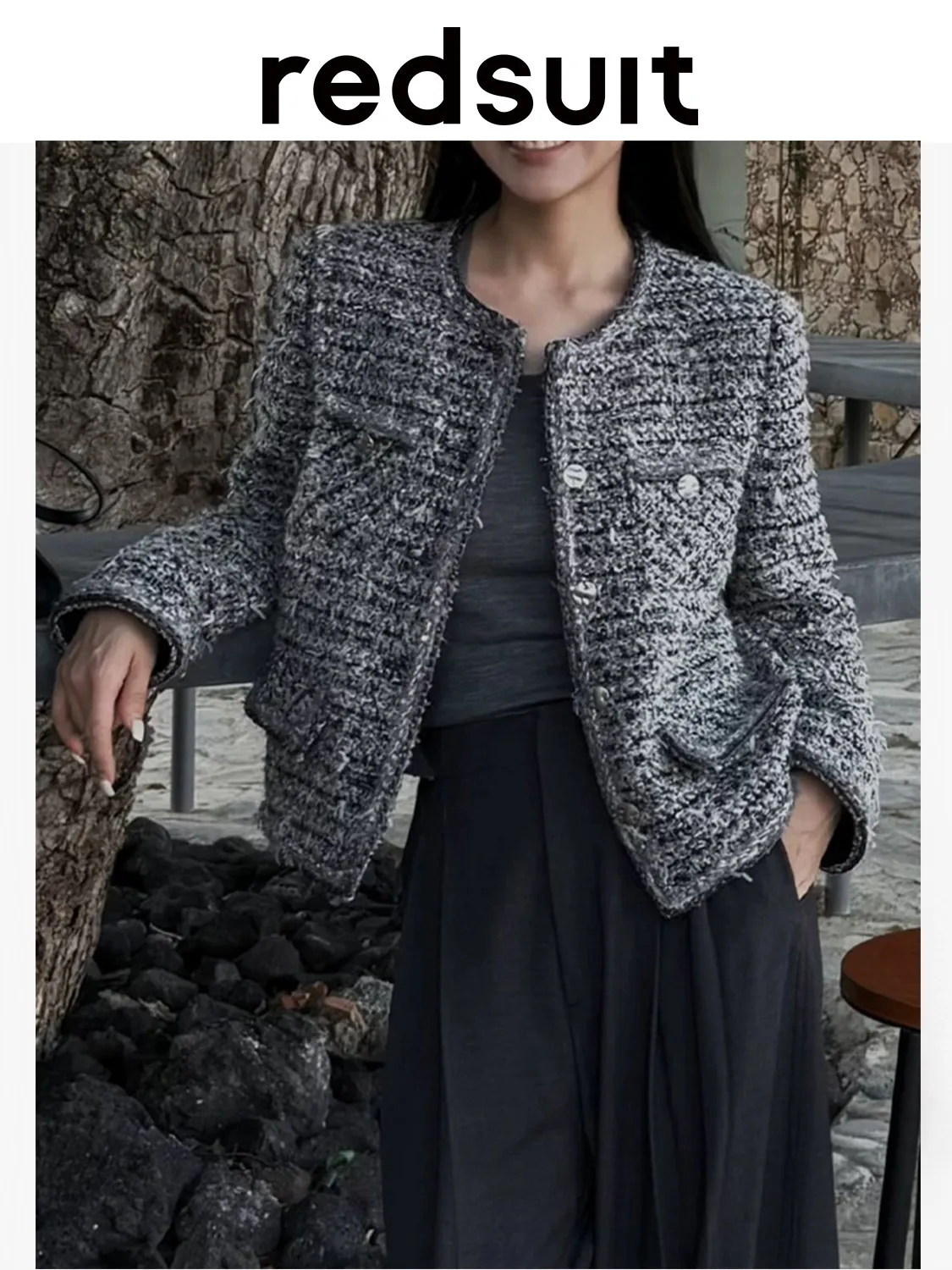 New High end coarse woolen woven round neck jacket, high-end versatile top Custom Size