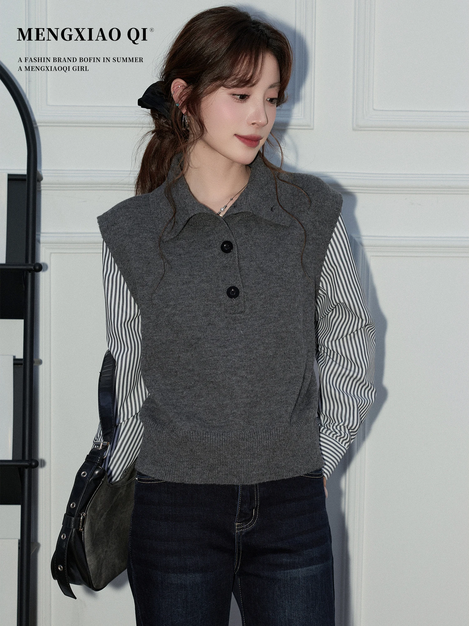 

Meng Xiaoqi Women's Long Sve Collar irt Layered Commute Versatile Fake Two-Piece Top French Sle Slim Fit Striped