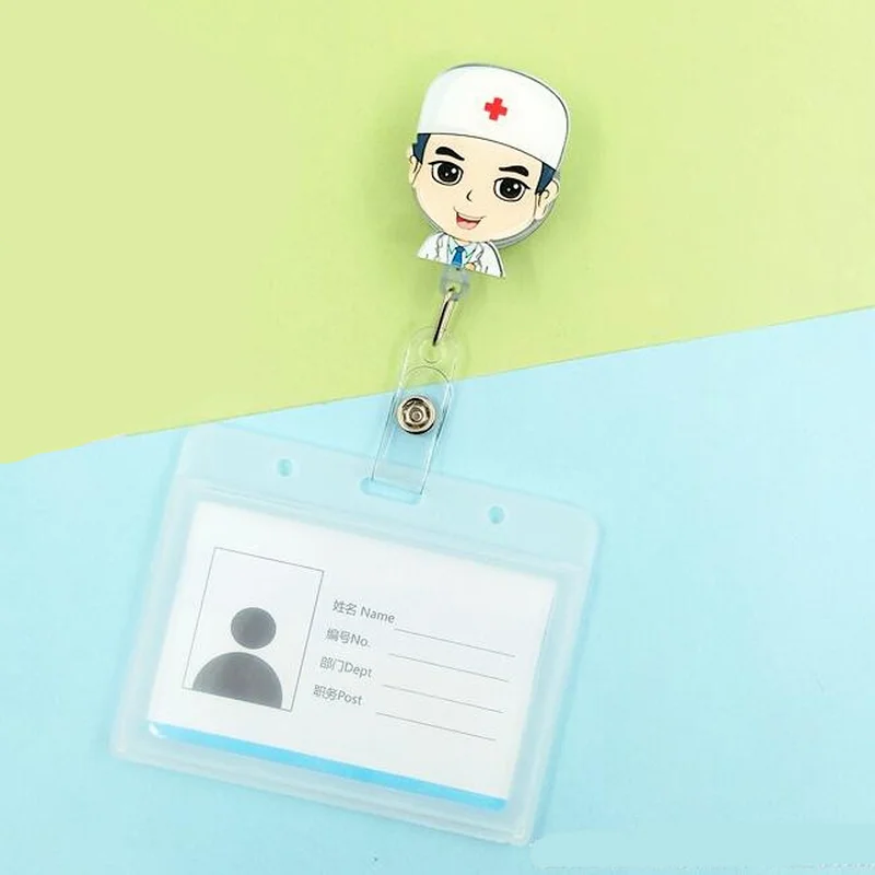 1set Staff Workers Work Card ID Tag Badge Holder with Retractable Cartoon Nurse Doll Badge Reel Horizontal Working Permit