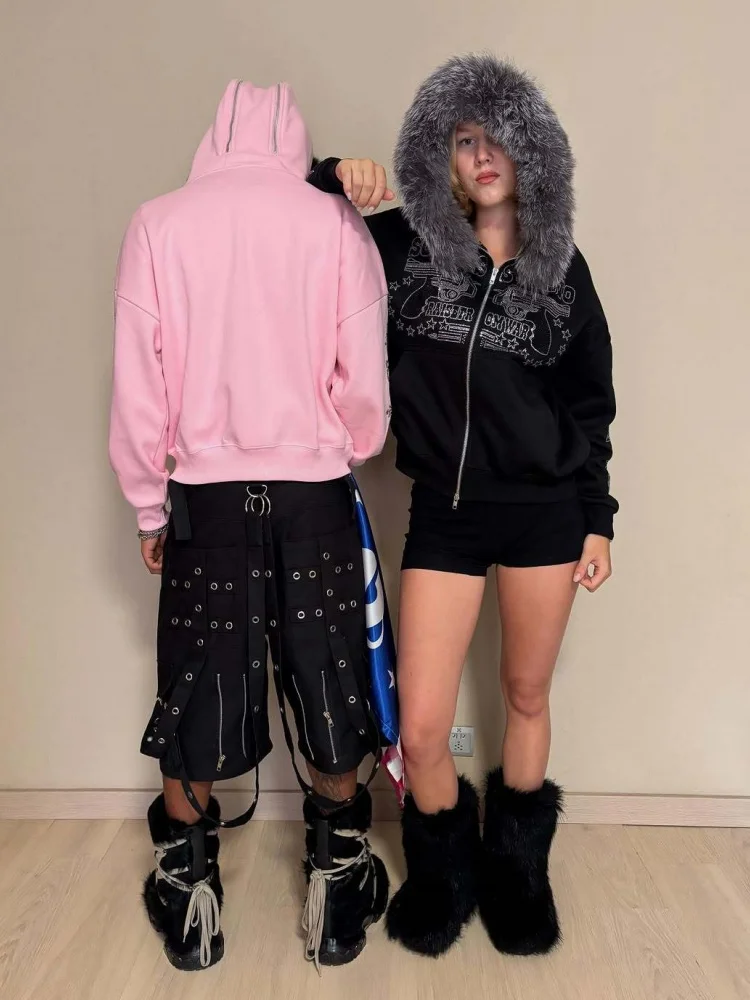 เสื้อฮู้ดซิปอเนกประสงค์ทรงหลวมพร้อมปกผ้าฟลีซ สไตล์อเมริกันเรโทร คาร์ดิแกนลำลอง อุ่นสบาย สตรีทแวร์สำหรับผู้หญิง