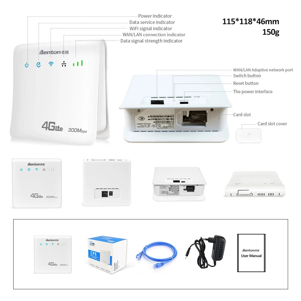 Benton Unlocked 4G Router 2.4GHz 300Mbps 32 Users 100Mbps WAN LAN Portable Travel Router 4G LTE Router for Rural Areas