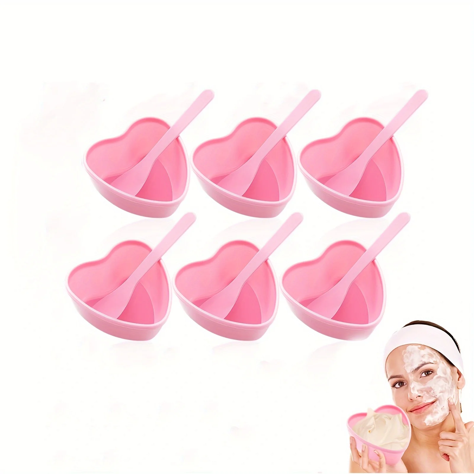 6-teilige rosa herzförmige Gesichtsmasken-Rührschüssel mit Schaber, Kunststoff-DIY-Hautpflege-Werkzeug, geeignet für Familie und Salon – Detail 2