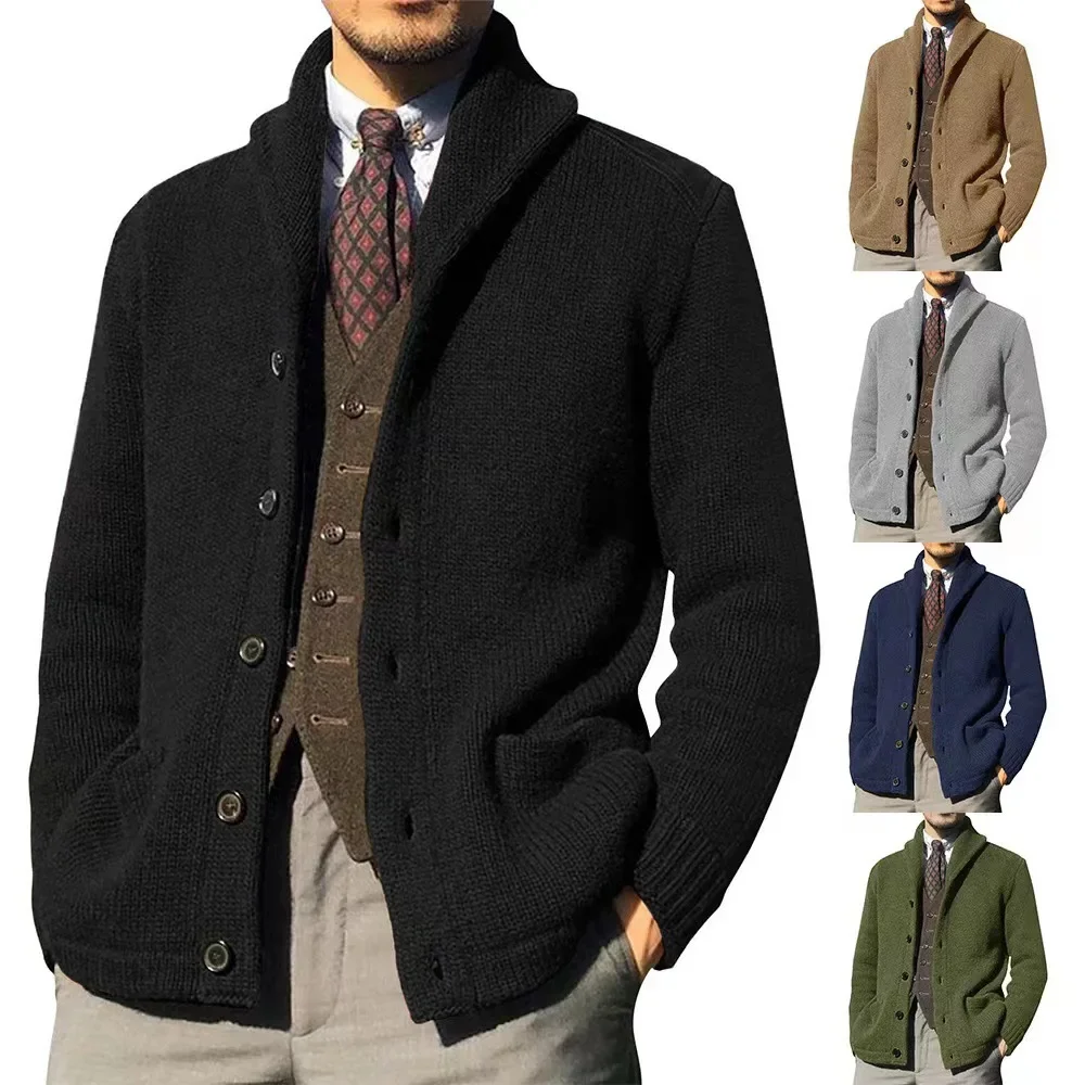 Mens Cardigan Sweater Shawl Collar Cable Knit Button Casual Loose Fleece Long Sleeve Chenille Coats with Pockets