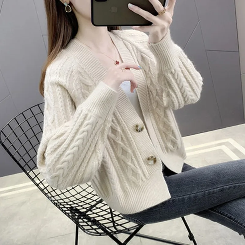 Knitted Cardigan Women Spring and Autumn Style Korean Style Loose High-waisted Petite Figure Short Coat Long Sleeve Thickened