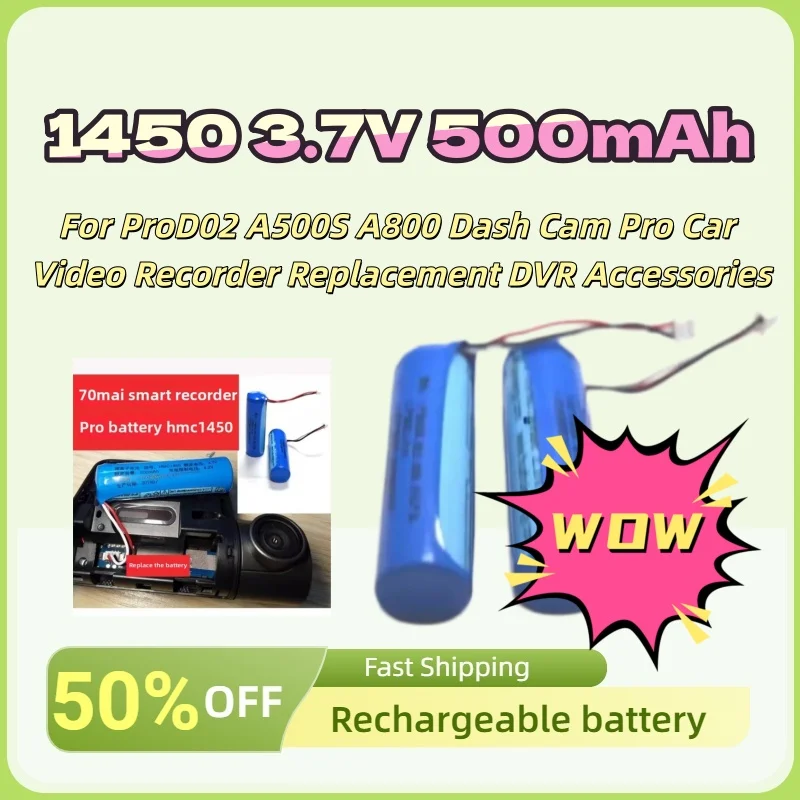 

For ProD02 A500S A800 Dash Cam Pro Car Video Recorder Replacement DVR Accessories New 1450 3.7V 500mAh 70mai Lithium Battery