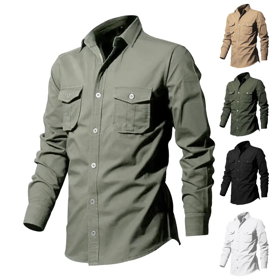 Spring And Autumn New Men\'s Shirt Loose Large Size Multi-pocket Vintage Cargo Shirt Solid Color Lapel Long-sleeved Shirt