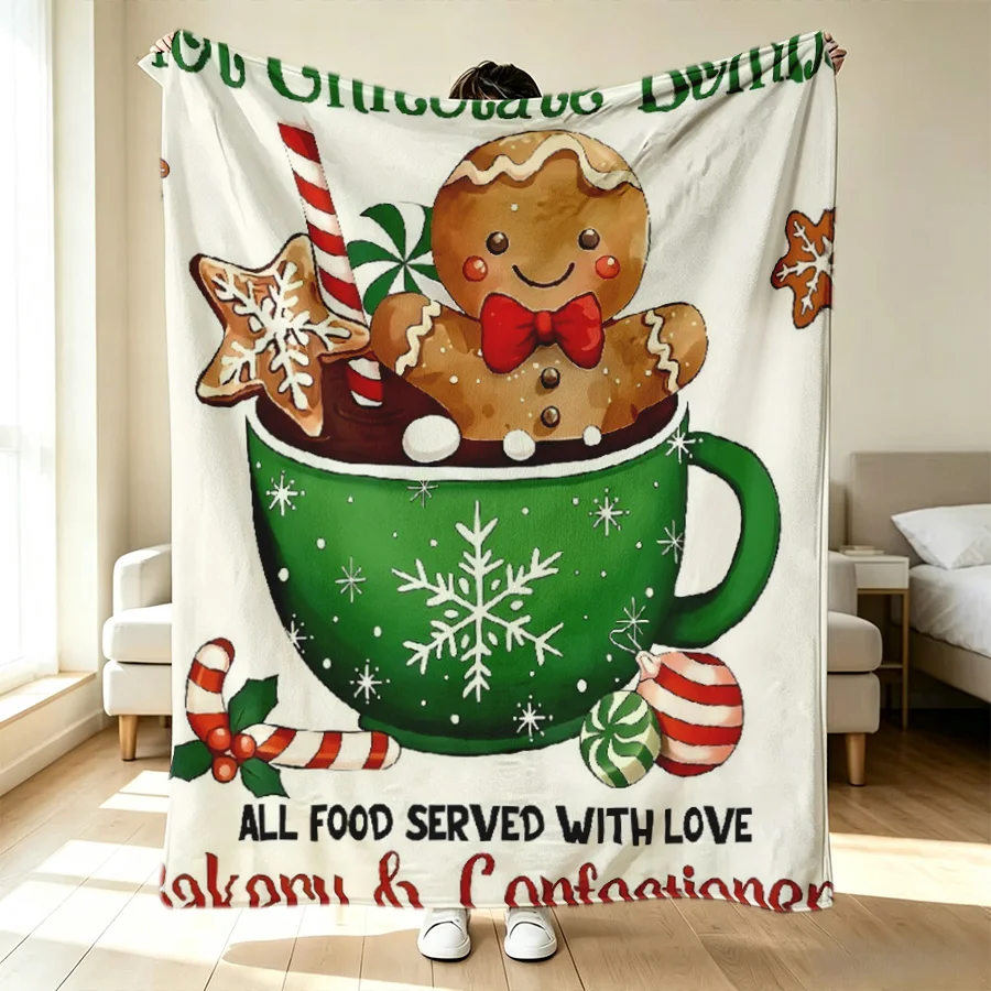 Christmas Gingerbread Man Gingerbread House Candy Flannel Throw Blanket, 2D Flat Single-Sided Printed Holiday Decorative Blanket