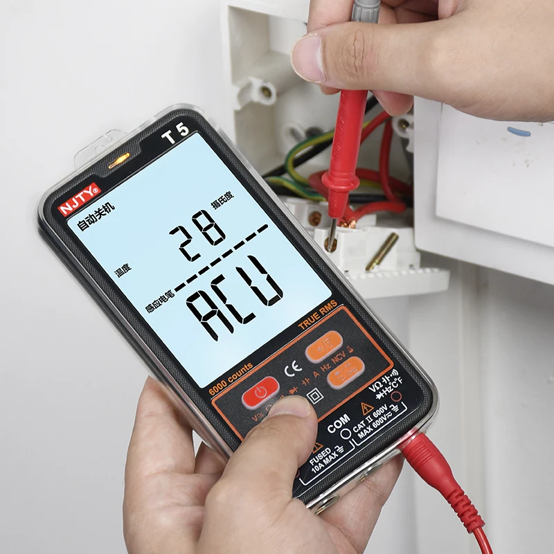 T5เครื่องทดสอบมัลติมิเตอร์แบบดิจิตอล True RMS NCV AC DC เครื่องทดสอบแรงดันไฟฟ้าไฟฟ้าอัตโนมัติ AC/DC เครื่องทดสอบแรงดันไฟฟ้าสมาร์ทเครื่องมือ