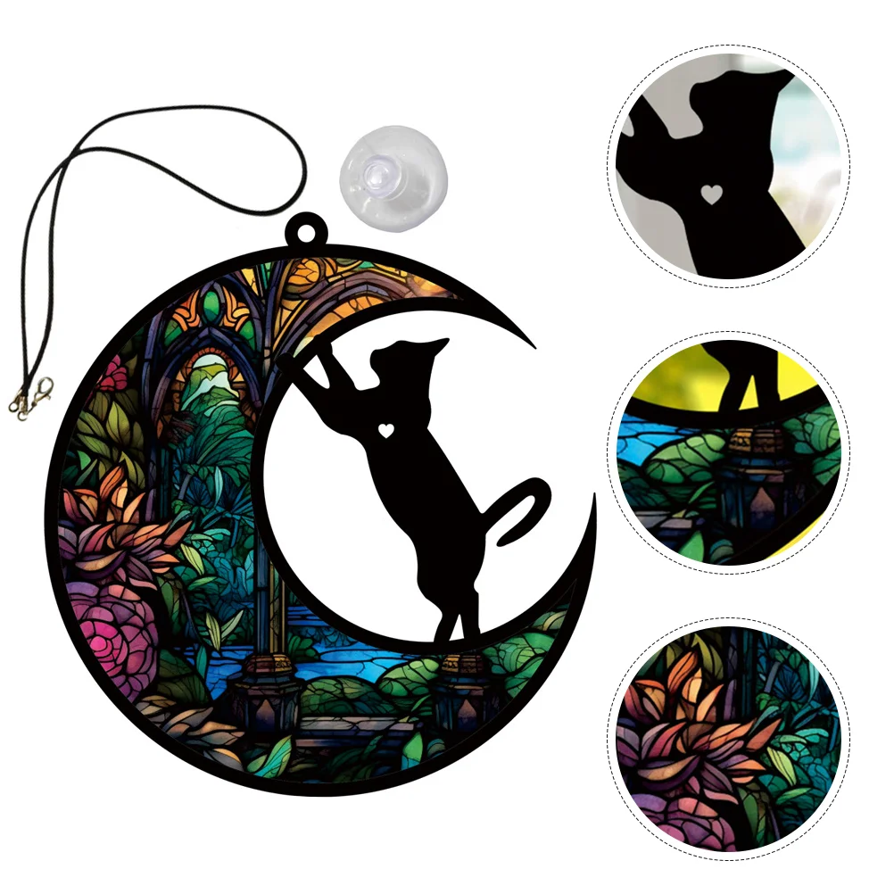 Home Decor Cat Wall Sculpture Crafts Pendant Ornament Acrylic Moon Hanging Window Handicraft