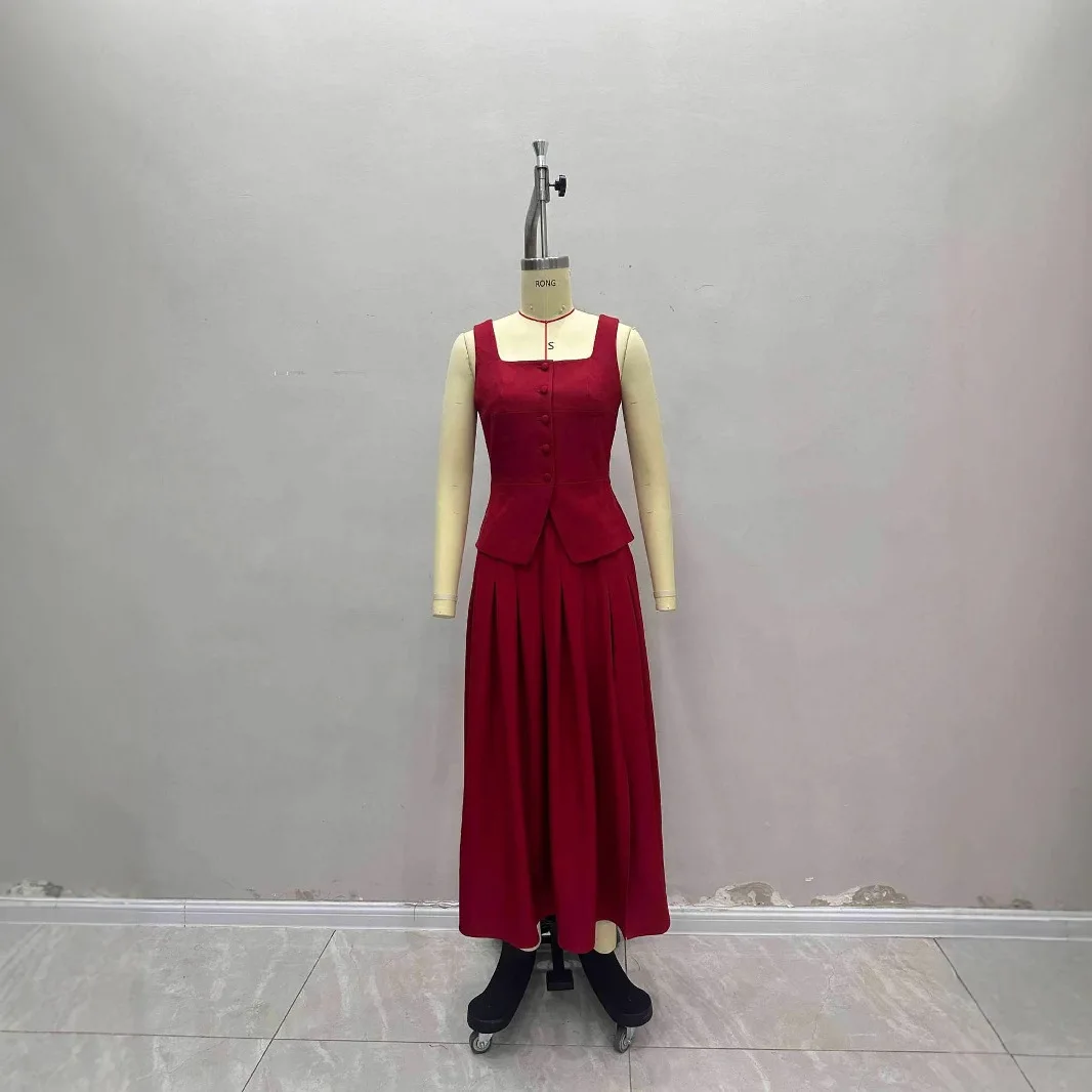 2026 Summer New Set Three-dimensional Tailoring Waist-cinching Sleeveless Vest Skirt Large Flared Slit Skirt Lady Casual