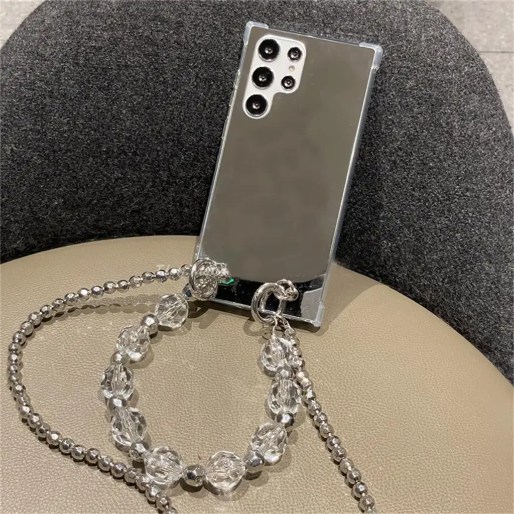 Luxury Korean Lanyard Crystal Beads Bracelets Chain Makeup Mirror Shockproof Case for Samsung S24 S25 S23 S22 Ultra S21 Plus